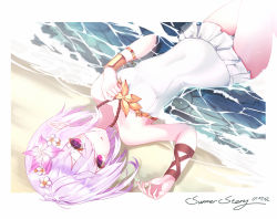 Rule 34 | 1girl, breasts, collarbone, commentary request, dated, flower, hair flower, hair ornament, looking at viewer, lying, medium hair, mute fanta855, navel, on back, one-piece swimsuit, outside border, pale skin, pink hair, pointy ears, princess connect!, purple eyes, purple flower, small breasts, solo, swimsuit, water, white one-piece swimsuit