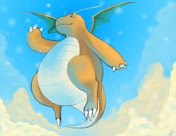 Rule 34 | blue sky, claws, cloud, cloudy sky, commentary, creature, creatures (company), day, dragon, dragonite, flying, full body, game freak, gen 1 pokemon, looking away, nintendo, no humans, outdoors, pokemon, pokemon (creature), pokemon rgby, rock-bomber, sky, smile, solo, tail, wings, yellow eyes