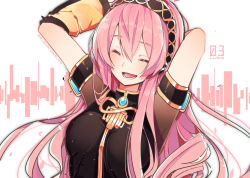 Rule 34 | 1girl, amulet, arm behind head, armband, arms up, black dress, breasts, character name, commentary, dress, closed eyes, gold trim, graphic equalizer, hairband, highres, long hair, medium breasts, megurine luka, open mouth, pink hair, see-through, see-through sleeves, short sleeves, smile, solo, upper body, vocaloid, wanaxtuco, white background