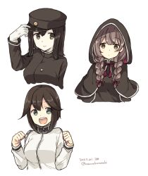 Rule 34 | 3girls, absurdres, akitsu maru (kancolle), akitsu maru kai (kancolle), black capelet, black eyes, black hair, braid, breasts, brown hair, capelet, commentary request, grey eyes, hat, hayasui (kancolle), highres, hood, hooded capelet, jacket, kantai collection, kurasaki cosmos, large breasts, long hair, military, military uniform, multiple girls, open mouth, pale skin, peaked cap, round teeth, shinshuu maru (kancolle), short hair, teeth, track jacket, twin braids, uniform, upper body, upper teeth only, white jacket