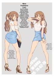 Rule 34 | 1girl, absurdres, banned artist, bare legs, bare shoulders, blouse, blue skirt, bracelet, breasts, brown footwear, brown hair, character name, character profile, english text, fuziwara nico (xil), high heels, highres, holding, holding own hair, jairou, jewelry, long hair, looking at viewer, looking back, measurements, medium breasts, miniskirt, multiple views, open mouth, original, shirt, shoes, simple background, skirt, standing, three sizes, toes, white shirt, yellow eyes