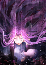 Rule 34 | 2girls, black dress, black sleeves, buttons, commentary request, detached sleeves, dress, facial mark, fate/stay night, fate (series), forehead, forehead mark, glowing, glowing eyes, hair ribbon, heaven&#039;s feel, highres, hollow eyes, karasaki, long hair, looking at viewer, matou sakura, medusa (fate), medusa (rider) (fate), multiple girls, parted bangs, partially submerged, pink eyes, pink hair, purple eyes, purple hair, red ribbon, ribbon, short dress, strapless, strapless dress, symbol-shaped pupils, very long hair, white dress