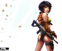 Rule 34 | 1girl, arm tattoo, ass, bandaid, bandaid on face, battle rifle, bikini, black hair, bracelet, breasts, brown gloves, collar, commentary, covered erect nipples, cowboy shot, cyberpunk, elbow gloves, english commentary, fingerless gloves, from behind, gloves, green bikini, green eyes, gun, gun sling, handgun, holster, holstered, jewelry, lips, medium breasts, mleth, nose, original, pistol, revision, rifle, short hair, sideboob, solo, standing, strap gap, swimsuit, symbol-shaped pupils, tattoo, thigh holster, weapon
