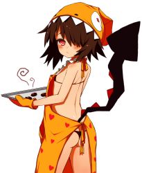 Rule 34 | 1girl, apron, ass, bikini, black bikini, blush, brown hair, butt crack, chocolate, cowboy shot, flat chest, from behind, hair over one eye, hat, heart, heart print, highres, looking back, md5 mismatch, multicolored clothes, original, oven mitts, red eyes, resized, ruiten, simple background, solo, string bikini, swimsuit, tail, thong bikini, tray, white background