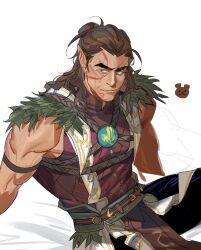 Rule 34 | 1boy, absurdres, baldur&#039;s gate, baldur&#039;s gate 3, bara, brown eyes, brown hair, dungeons &amp; dragons, elf, facial tattoo, greensalad350, halsin, highres, leaf, looking to the side, male focus, mature male, medium hair, muscular, muscular male, pointy ears, scar, scar on face, simple background, tattoo, thick eyebrows, vest, white background