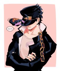 Rule 34 | black hair, closed mouth, commentary, crossed arms, english commentary, gakuran, hand on headwear, hat, hat over eyes, highres, jojo no kimyou na bouken, kuujou joutarou, male focus, oratoza, pink background, pink shirt, school uniform, shirt, short hair, simple background, t-shirt, upper body