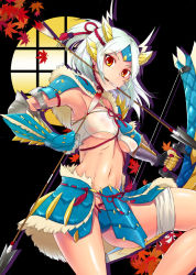 Rule 34 | 1girl, armor, arrow (projectile), bow (weapon), breasts, capcom, covered erect nipples, gloves, headdress, leaf, maple leaf, monster hunter, monster hunter (series), monster hunter portable 3rd, mouth hold, navel, panties, pochi (pochi-goya), round window, solo, underboob, underwear, weapon, white hair, window, yellow eyes, zinogre (armor)