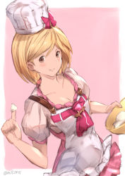 Rule 34 | 1girl, absurdres, apron, bad id, bad pixiv id, blonde hair, blush, bow, breasts, brown eyes, cleavage, collar, djeeta (granblue fantasy), granblue fantasy, hair between eyes, hat, hat bow, highres, holding, index finger raised, looking at viewer, md5 mismatch, milli little, miniskirt, pink skirt, pleated skirt, red bow, shirt, short hair, short sleeves, sketch, skirt, smile, solo, standing, twitter username, white apron, white hat, white shirt
