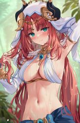 Rule 34 | 1girl, absurdres, arm behind head, arm up, armpits, blue nails, blue skirt, blurry, blurry background, blush, breasts, brooch, closed mouth, commentary, day, depth of field, detached sleeves, forehead jewel, genshin impact, gold trim, green eyes, groin, hand up, harem outfit, highres, hizuki higure, holding, holding own hair, horns, jewelry, leaf, long sleeves, looking at viewer, low twintails, medium breasts, nail polish, navel, neck ring, nilou (genshin impact), outdoors, paid reward available, parted bangs, playing with own hair, puffy long sleeves, puffy sleeves, red hair, revealing clothes, skirt, smile, solo, standing, stomach, twintails, vambraces, veil, vision (genshin impact), water drop, wet, white headdress