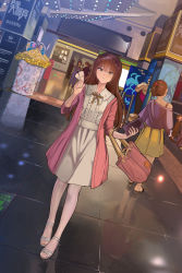 Rule 34 | 2boys, 3girls, bag, black footwear, blush, brown eyes, brown hair, center frills, child, chinese commentary, commentary request, crossed arms, dress, dutch angle, frills, green skirt, hairband, hallway, hand up, high heels, highres, holding, holding phone, indoors, jacket, long hair, multiple boys, multiple girls, off shoulder, original, pants, pantyhose, partial commentary, people, phone, pink bag, pink jacket, pink ribbon, ribbon, see-through, see-through legwear, shirt, shoes, shorts, single bare shoulder, skirt, smile, supermarket, ticket, tile floor, tiles, translation request, white dress, white legwear, yewang19