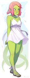 Rule 34 | 1girl, alisa (razalor), ankle lace-up, bare arms, bare legs, bare shoulders, belt, blush, breasts, choker, collarbone, colored skin, commentary, cross-laced footwear, dress, english commentary, flower, full body, green eyes, green skin, hair flower, hair ornament, hairclip, highres, looking away, medium breasts, no socks, original, parted bangs, petals, pink hair, pointy ears, razalor, red pupils, sandals, short hair, simple background, sleeveless, sleeveless dress, smile, solo, white choker, white dress