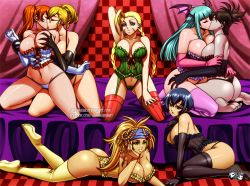 Rule 34 | 6+girls, ass, bat wings, black hair, blonde hair, blue hair, braid, breasts, cammy white, candy, candy cane, candy cane (rumble roses), capcom, cleavage, closed eyes, crossover, demon, demon girl, dragon age, dragon age: inquisition, feet, female focus, final fantasy, final fantasy x, final fantasy x-2, food, glasses, green eyes, green hair, harem, huge breasts, jadenkaiba, kiss, konami, legs, miss spencer, morrigan (dragon age), morrigan aensland, multiple girls, navel, parted lips, persona, persona 4, rikku (ff10), rumble roses, shirogane naoto, smile, street fighter, thighhighs, twin braids, vampire (game), wings, yuri