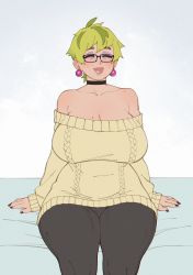 Rule 34 | 1girl, bare shoulders, breasts, choker, cleavage, closed eyes, curvy, denim, earrings, green hair, highres, huge breasts, jeans, jewelry, light green hair, mature female, midori&#039;s mom, mole, mole on breast, mole on shoulder, mole under eye, nail polish, original, pants, plump, riz, short hair, smile, solo, sweater, thick eyebrows, thick lips, thick thighs, thighs, wide hips