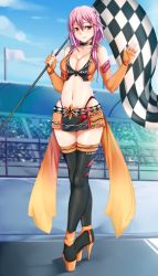 Rule 34 | 1girl, black thighhighs, blush, breasts, checkered flag, cleavage, flag, guilty crown, high heels, highres, holding, holding flag, large breasts, long hair, looking at viewer, navel, orange eyes, pink hair, race queen, rixch, smile, solo, thighhighs, yuzuriha inori
