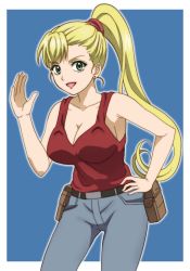 Rule 34 | 1girl, :d, belt, blonde hair, blue background, breasts, cleavage, denim, earrings, emilia (gunjou no magmell), green eyes, gunjou no magmell, hair tie, hand on own hip, hand up, jeans, jewelry, large breasts, lipstick, long hair, looking at viewer, makeup, onomekaman, open mouth, pants, ponytail, pouch, smile, solo, standing