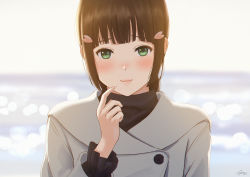 Rule 34 | 1girl, alternate costume, bad id, bad pixiv id, black hair, blunt bangs, blurry, blurry background, blush, buttons, casual, closed mouth, coat, commentary request, day, depth of field, double-breasted, frilled sleeves, frills, green eyes, grey coat, hair ornament, hairclip, kurosawa dia, long hair, love live!, love live! sunshine!!, mole, mole under mouth, outdoors, papi (papiron100), pink lips, pointing, pointing at self, smile, solo, sunlight, upper body
