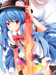 Rule 34 | 1girl, arm up, blue hair, blush, boots, bow, female focus, flaming sword, flaming weapon, food, fruit, glowing, glowing weapon, hat, highres, hinanawi tenshi, kneeling, long hair, mimike, peach, purple eyes, shirt, skirt, solo, sword of hisou, tears, touhou, weapon