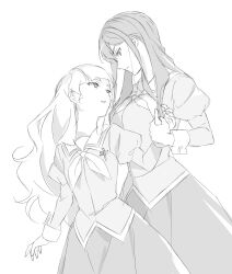 Rule 34 | 2girls, behind another, blunt bangs, buttoned cuffs, closed mouth, cowboy shot, cross, dutch angle, expressionless, eye contact, greyscale, hair over shoulder, height difference, highres, holding hands, juliet sleeves, latin cross, liebe girls academy school uniform, long hair, long sleeves, looking at another, monochrome, multiple girls, neckerchief, official art, parted lips, puffy sleeves, school uniform, shiraki hime, short eyebrows, simple background, skirt, standing, straight hair, turning head, very long hair, watashi no yuri wa oshigoto desu!, wavy hair, white background, yano mitsuki (watayuri), yuri