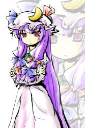 Rule 34 | 1girl, :&lt;, ascot, bad id, bad pixiv id, bow, crescent, crossed arms, dress, female focus, hair bow, hat, hat bow, long hair, natsuki (silent selena), patchouli knowledge, purple eyes, purple hair, solo, standing, touhou, very long hair