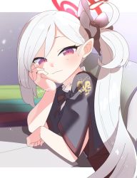 Rule 34 | 1girl, bad id, bad twitter id, blue archive, blush, capelet, closed mouth, elbow rest, eyelashes, futapi, hair ornament, halo, head rest, highres, long hair, looking at viewer, mutsuki (blue archive), pointy ears, ponytail, purple eyes, side ponytail, silver hair, simple background, solo, twitter username, upper body, very long hair