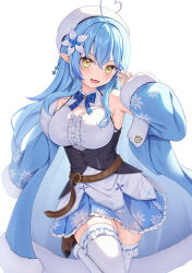 Rule 34 | 1girl, ahoge, belt, beret, black coat, black corset, blue bow, blue bowtie, blue hair, blue nails, blue skirt, bow, bowtie, breasts, brown belt, brown footwear, center frills, cleavage, cleavage cutout, clothing cutout, coat, corset, flower, frilled shirt, frilled thighhighs, frills, fur-trimmed coat, fur trim, hair flower, hair ornament, hat, heart, heart ahoge, highres, hololive, kag tsukimi, large breasts, long hair, looking at viewer, multicolored hair, nail polish, open mouth, pointy ears, shirt, sidelocks, skirt, sleeveless, sleeveless shirt, smile, snowflake print, solo, streaked hair, thighhighs, virtual youtuber, white hat, white shirt, white thighhighs, yellow eyes, yukihana lamy, yukihana lamy (1st costume)