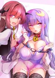 Rule 34 | 2girls, bat wings, black thighhighs, breasts, cleavage, commentary request, crescent, crescent hair ornament, cuffs, dress, fang, fumitsuki (minaduki 6), hair ornament, head wings, heart, heart-shaped lock, highres, holding, holding key, key, koakuma, large breasts, long hair, long sleeves, looking at viewer, multiple girls, patchouli knowledge, pointy ears, purple dress, purple eyes, purple hair, red eyes, red hair, restrained, sidelocks, striped clothes, striped dress, thighhighs, touhou, vertical-striped clothes, vertical-striped dress, wings