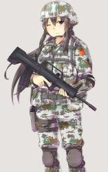 Rule 34 | 1girl, assault rifle, ayyh, black eyes, black hair, bullpen, camouflage, character request, chin strap, copyright request, female focus, gun, handgun, helmet, highres, holster, knee pads, long hair, md5 mismatch, one eye closed, people&#039;s republic of china flag, pistol, resized, rifle, simple background, solo, thigh holster, trigger discipline, weapon, wink