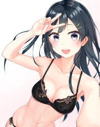 Rule 34 | 1girl, :d, arm up, armpits, bare arms, black bra, black eyes, black hair, black panties, blush, bra, breasts, cleavage, collarbone, floral print, gradient background, hair ornament, hairclip, hand gesture, long hair, looking at viewer, love live!, love live! nijigasaki high school idol club, love live! school idol festival, love live! school idol festival all stars, medium breasts, nail polish, navel, open mouth, outstretched arm, panties, resolution mismatch, selfie, side-tie panties, smile, solo, source larger, teeth, tiara (871220), underwear, underwear only, upper body, upper teeth only, v, yuki setsuna (love live!)