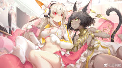 Rule 34 | 2girls, animal ear fluff, animal ears, animal hands, black hair, breasts, camisole, cat cutout, cat ears, cat girl, cat tail, cleavage, cleavage cutout, clothing cutout, crop top, cropped jacket, dark-skinned female, dark skin, feet, frilled skirt, frills, gloves, green eyes, headphones, highres, holding, indoors, jacket, large breasts, long hair, long sleeves, looking at another, midriff, mouth hold, multiple girls, navel, no shoes, open clothes, open jacket, paw gloves, pillow, pink skirt, playstation controller, red eyes, shanyao jiang tororo, shirt, short hair, single thighhigh, sitting, skirt, slit pupils, spaghetti strap, stomach, tail, thighhighs, thighs, weibo watermark, white hair, white jacket, white legwear, white shirt, x2: eclipse