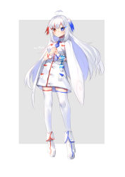 Rule 34 | 1girl, absurdres, ahoge, blue eyes, blue hair, blue nails, blue necktie, boots, cape, closed mouth, creatures (company), dress, full body, game freak, gen 4 pokemon, grey background, hair between eyes, highres, interlocked fingers, long hair, looking at viewer, moti yousei, multicolored hair, nail polish, necktie, nintendo, own hands clasped, own hands together, personification, pokedex number, pokemon, red eyes, red hair, red nails, short necktie, silver hair, smile, solo, thighhighs, thighhighs under boots, togekiss, two-tone background, two-tone hair, two side up, very long hair, white background, white cape, white dress, white footwear, white thighhighs