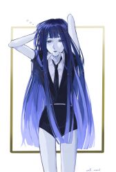 Rule 34 | 1other, arms up, artist name, black necktie, black shorts, black suit, blue hair, blunt bangs, commentary, expressionless, formal, gem uniform (houseki no kuni), gradient hair, hand in own hair, highres, houseki no kuni, lapis lazuli (houseki no kuni), looking at viewer, multicolored hair, necktie, other focus, shirt, shorts, standing, suit, wata mineral, white shirt