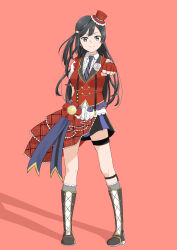 Rule 34 | 1girl, absurdres, black footwear, black hair, black skirt, boots, breasts, center frills, chase! (love live!), clenched hand, closed mouth, collared shirt, cross-laced footwear, diagonal-striped clothes, diagonal-striped necktie, fingerless gloves, flower, frilled shirt, frills, full body, gloves, grey eyes, hair between eyes, hat, highres, jacket, knee boots, long hair, looking at viewer, love live!, love live! nijigasaki high school idol club, medium breasts, mini hat, necktie, one side up, orinasu, purple necktie, red background, red gloves, red hat, red jacket, red skirt, rose, shadow, shirt, short sleeves, sidelocks, skirt, smile, solo, striped clothes, thigh strap, tilted headwear, v-shaped eyebrows, white flower, white rose, yuki setsuna (love live!)