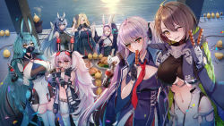 Rule 34 | 6+girls, ahoge, animal ears, arm on another&#039;s shoulder, armband, armor, arms up, azur lane, baltimore (azur lane), bare shoulders, bikini, bikini top only, bird, black flower, black gloves, black hairband, black jacket, black pantyhose, black ribbon, black rose, black shirt, black skirt, blonde hair, blue cloak, blue coat, blue dress, blue eyes, blue gloves, blue hair, blush, bodystocking, boise (azur lane), bottle, braid, breasts, brown eyes, brown hair, bunker hill (azur lane), center opening, chick, cleavage, cloak, closed eyes, closed mouth, clothing cutout, coat, cola, collarbone, commentary request, covered mouth, cowboy shot, dock, dress, drinking, eating, elbow gloves, essex (azur lane), fake animal ears, faulds, fingerless gloves, flower, food, food in mouth, french braid, gloves, groin, hair between eyes, hair flower, hair ornament, hair over one eye, hair ribbon, hairband, hands up, high collar, highres, hikimayu, holding, holding another&#039;s wrist, holding bottle, holding food, hood, hood down, hooded coat, jacket, laffey (azur lane), laffey (retrofit) (azur lane), large breasts, long hair, long sleeves, looking at viewer, looking away, manjuu (azur lane), mechanical ears, midriff, mochimochi dando, multicolored coat, multiple girls, navel, necktie, new jersey (azur lane), ocean, off shoulder, one eye closed, open clothes, open coat, open mouth, outdoors, oxygen mask, pantyhose, pleated skirt, rabbit ears, rabbit girl, red eyes, red necktie, retrofit (azur lane), ribbon, rose, shadow, shimakaze (azur lane), shirt, short hair, sidelocks, skewer, skirt, sleeveless, sleeveless jacket, small breasts, smile, standing, stomach cutout, sunset, swimsuit, taut clothes, taut shirt, thighhighs, turkey (food), twintails, underboob, underboob cutout, underbust, very long hair, white bikini, white dress, white gloves, white hair, white skirt, white thighhighs, yellow eyes, zettai ryouiki