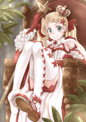 Rule 34 | 1girl, blonde hair, bow, braid, chair, convenient leg, crown, elbow gloves, feet, gloves, grey eyes, hair bow, iide yoi, indoors, knees up, long hair, looking at viewer, mikki queen, personification, plant, ponytail, red bow, red footwear, red gloves, removing shoes, robe, shoes, sitting, smile, solo, staff, star (symbol), star print, thighhighs, umabi, white thighhighs