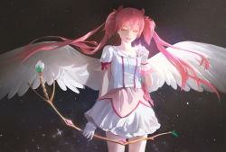 Rule 34 | 1girl, absurdres, adapted costume, angel wings, arm at side, asymmetrical hair, bow, bow (weapon), brooch, buttons, closed eyes, closed mouth, cowboy shot, dark background, eeeeeeeeinsang, eyelashes, facing viewer, feathered wings, floating hair, flower, gloves, glowing, hair ribbon, highres, holding, holding bow (weapon), holding weapon, huge filesize, jewelry, kaname madoka, leaf, light particles, light rays, light smile, lips, long hair, mahou shoujo madoka magica, mahou shoujo madoka magica (anime), pink bow, pink hair, pink ribbon, puffy short sleeves, puffy sleeves, realistic, ribbon, short sleeves, short twintails, sidelighting, simple background, skirt, solo, soul gem, straight hair, twintails, very long hair, waist bow, weapon, white flower, white gloves, white skirt, white wings, wings