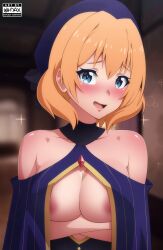 Rule 34 | 1girl, areola slip, arms under breasts, bare shoulders, black collar, blonde hair, blue capelet, blue eyes, blue hat, blue sash, blush, breasts, capelet, cleavage, clothing cutout, collar, collarbone, crossed arms, detached collar, dot nose, embarrassed, eyebrows, eyelashes, female focus, hat, kono subarashii sekai ni shukufuku wo!, large breasts, looking at viewer, medium hair, ohdax, open mouth, rain (konosuba), sash, shoulder blush, shoulder cutout, smile, solo, upper body
