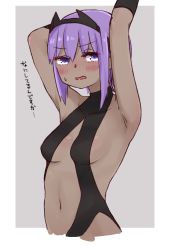 Rule 34 | 1girl, arms up, bare shoulders, black leotard, blush, breasts, center opening, collarbone, covered collarbone, cropped torso, dark-skinned female, dark skin, fate/prototype, fate/prototype: fragments of blue and silver, fate (series), grey background, hair between eyes, hassan of serenity (fate), i.u.y, leotard, medium breasts, navel, parted lips, purple eyes, purple hair, solo, sweat, translation request, two-tone background, upper body, white background