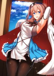 Rule 34 | 1girl, alternate costume, anchor, arm behind head, armpits, azur lane, blue dress, blue eyes, breasts, brown hair, cosplay, costume switch, covered navel, curtains, day, dress, elbow gloves, gloves, hand on own hip, highres, historical name connection, kantai collection, large breasts, looking at viewer, name connection, open mouth, pantyhose, ponytail, saratoga (kancolle), side ponytail, sideboob, solo, thighband pantyhose, tobi-mura, two-tone dress, white dress, white gloves, window