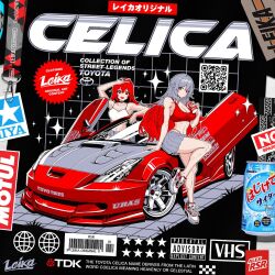 Rule 34 | 2girls, air max, air max 90, alex rsr, armpits, artist name, barcode, black choker, black nails, breasts, can, car, choker, coca-cola, collarbone, grey hair, holding, holding can, looking at viewer, medium breasts, motor vehicle, multicolored hair, multiple girls, nike (company), open mouth, original, parental advisory, pleated skirt, qr code, red eyes, red hair, red sports bra, scissor doors, skirt, smile, sparkle, sports bra, sports car, star (symbol), tamiya incorporated, toned, toyota, toyota celica, toyota celica t230, two-tone hair, v, vehicle focus