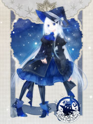 Rule 34 | 1girl, ascot, blue eyes, copyright name, dress, hat, nail polish, original, pantyhose, pixiv witch craft school, sky, solo, star (sky), starry sky, white hair, witch hat, yuukichi