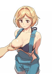 Rule 34 | 1girl, bikini, bikini top only, black bikini, blonde hair, blue overalls, grabbing another&#039;s breast, breasts, breasts out, brown eyes, djeeta (granblue fantasy), grabbing, granblue fantasy, ishinoyari, looking down, medium breasts, nipples, overalls, short hair, simple background, solo focus, sweat, swimsuit, white background