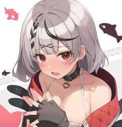 Rule 34 | 1girl, black collar, black gloves, black hair, breasts, cleavage, collar, collarbone, ear piercing, fang, fingerless gloves, fingernails, gloves, grey hair, hair ornament, heart collar, highres, hololive, large breasts, looking at viewer, multicolored hair, nail polish, nam (nam990902), open mouth, piercing, red eyes, red nails, sakamata chloe, solo, streaked hair, upper body, virtual youtuber, x hair ornament