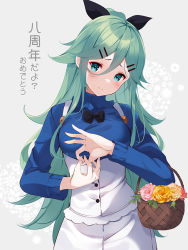 Rule 34 | 1girl, basket, black ribbon, blue sweater, blush, breasts, cowboy shot, dress, floral background, flower, green eyes, green hair, hair between eyes, hair flaps, hair ornament, hair ribbon, hairclip, hand gesture, holding, holding basket, kantai collection, kujou ichiso, long hair, medium breasts, official alternate costume, official art, parted bangs, ponytail, ribbon, sidelocks, smile, suspenders, sweater, white dress, yamakaze (kancolle)