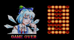 Rule 34 | circled 9, 1girl, bandages, blood, blue eyes, blue hair, bow, capcom, cirno, crying, crying with eyes open, fake screenshot, game over, hair bow, ice, ice wings, injury, matching hair/eyes, parody, short hair, solo, street fighter, surfking, tears, torn clothes, touhou, upper body, wings