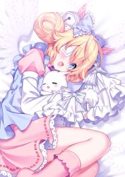 Rule 34 | 1girl, :d, animal, apron, bed sheet, bell, blonde hair, blue apron, blue bow, blue eyes, blush, bow, cat, commission, cutesu (cutesuu), double bun, dress, eyepatch, feathered wings, feet out of frame, frilled bow, frills, hair bell, hair between eyes, hair bow, hair bun, hair ornament, highres, jingle bell, layered sleeves, long sleeves, looking at viewer, lying, medical eyepatch, on side, open mouth, original, pink dress, pink socks, pixiv commission, puffy short sleeves, puffy sleeves, ribbon-trimmed dress, sacraneco, short over long sleeves, short sleeves, sleeves past fingers, sleeves past wrists, smile, socks, solo, striped, striped bow, white background, white bow, white cat, white wings, wings