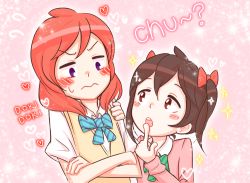 Rule 34 | 10s, 2girls, :o, ?, black hair, blue bow, blue bowtie, blush, bow, bowtie, brown eyes, crossed arms, embarrassed, finger to mouth, friedbun, green bow, green bowtie, hair bow, hand on another&#039;s arm, heart, long sleeves, looking at another, love live!, love live! school idol project, medium hair, multiple girls, nishikino maki, otonokizaka school uniform, pink background, purikura, purple eyes, red bow, red hair, school uniform, shirt, short sleeves, sparkle, striped bow, striped bowtie, striped clothes, striped neckwear, sweatdrop, sweater vest, swept bangs, text focus, upper body, white shirt, yazawa nico, yuri