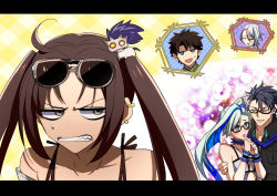 Rule 34 | 2girls, 3boys, ahoge, angry, bare shoulders, bikini, black jacket, blue eyes, blue hair, brown hair, brynhildr (fate), brynhildr (swimsuit berserker) (fate), brynhildr (swimsuit berserker) (first ascension) (fate), clenched teeth, collarbone, commentary request, earrings, eyewear on head, fate/grand order, fate (series), fujimaru ritsuka (male), fujimaru ritsuka (male) (chaldea pathfinder), grey eyes, grey hair, hair ornament, highres, honchu, jacket, jewelry, letterboxed, multicolored hair, multiple boys, multiple earrings, multiple girls, official alternate costume, prince of lan ling (fate), side ponytail, sigurd (fate), sigurd (memories with my lover) (fate), sunglasses, sweatdrop, swimsuit, teeth, twintails, two-tone hair, white bikini, yu mei-ren (fate), yu mei-ren (swimsuit lancer) (fate)