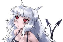 Rule 34 | 1girl, :o, bare shoulders, blush, breasts, cleavage, collarbone, demon tail, grey hair, haraya manawari, helltaker, horns, long hair, looking up, lucifer (helltaker), mole, mole under eye, open mouth, red eyes, simple background, solo, tail, tail wagging, upper body, white background, white horns