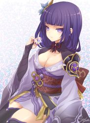 Rule 34 | 1girl, absurdres, armor, braid, breasts, bridal gauntlets, cleavage, closed mouth, commentary request, floral print, flower, genshin impact, hair ornament, highres, holding, japanese clothes, kimono, large breasts, long hair, looking at viewer, mitsudomoe (shape), nail polish, obi, obiage, obijime, primogem, purple eyes, purple flower, purple hair, purple nails, raiden shogun, ribbon, sash, shoulder armor, simple background, solo, tassel, thighhighs, tomoe (symbol), towayuki siaru