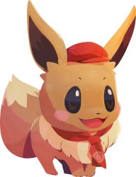 Rule 34 | :3, artist request, blush, blush stickers, brown eyes, cabbie hat, clothed pokemon, creatures (company), eevee, full body, game freak, gen 1 pokemon, happy, hat, neckerchief, nintendo, no humans, official art, open mouth, poke ball symbol, poke ball theme, pokemon, pokemon (creature), pokemon cafe remix, red hat, red neckerchief, simple background, smile, solo, standing, transparent background